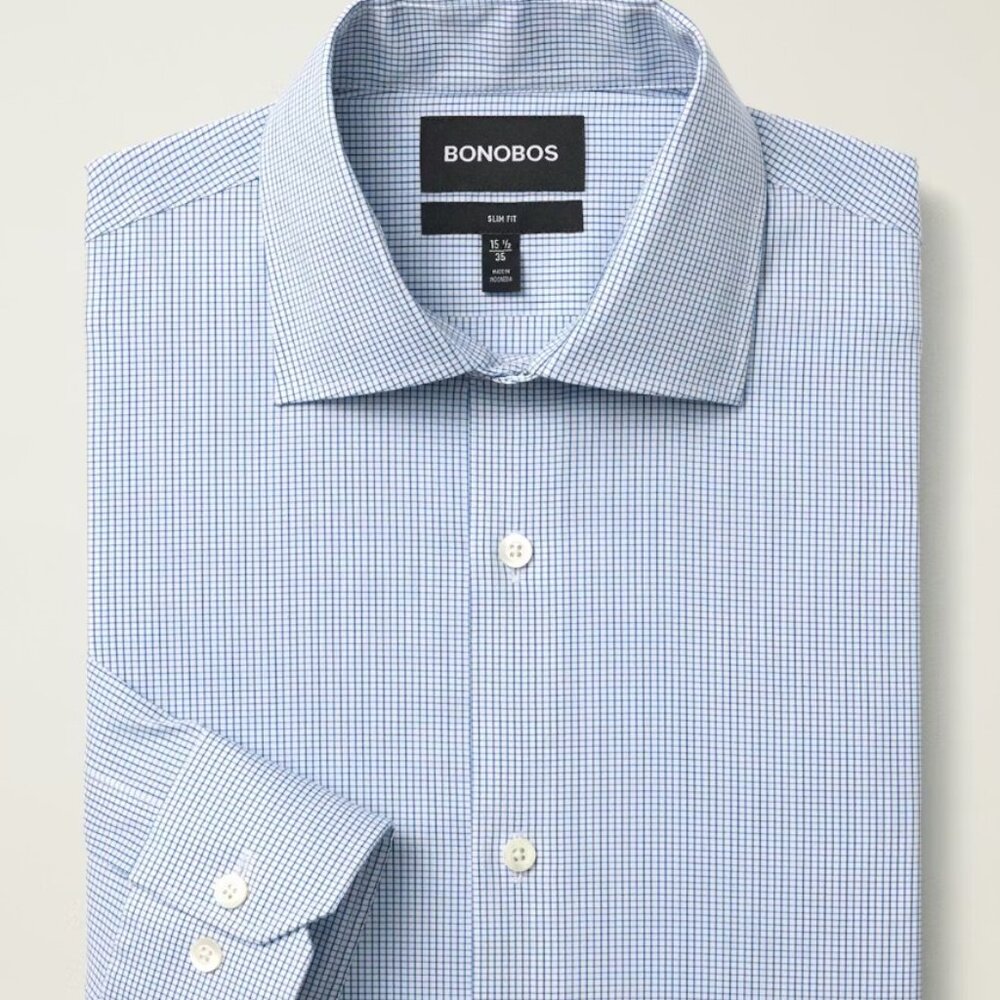 Bonobos Jetsetter Stretch Dress Shirt Athletic Fit Navy Mini Check - 15.5 x 34